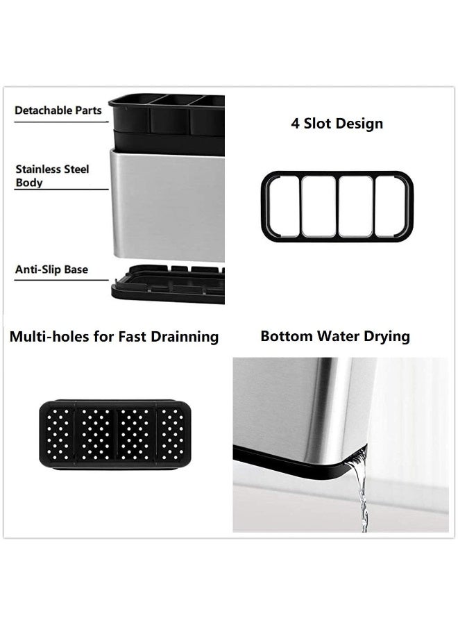 Kitchen Utensil Crock Holder 4 Divider Stainless Steel Kitchen Storage Organiser Cutlery Holder Anti Slip Water Draining Design Easy to Clean for All Kitchens Countertop - Image 5