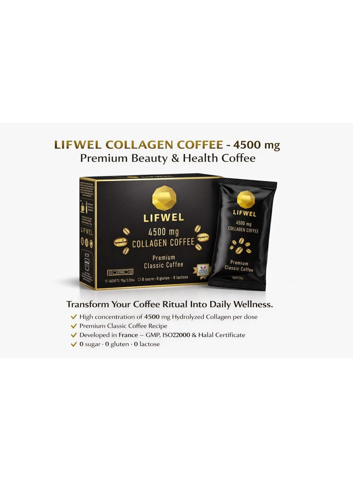Lifwel Collagen Coffee 4500 mg – Hydrolyzed Collagen Coffee Sachets (15 Sachets)