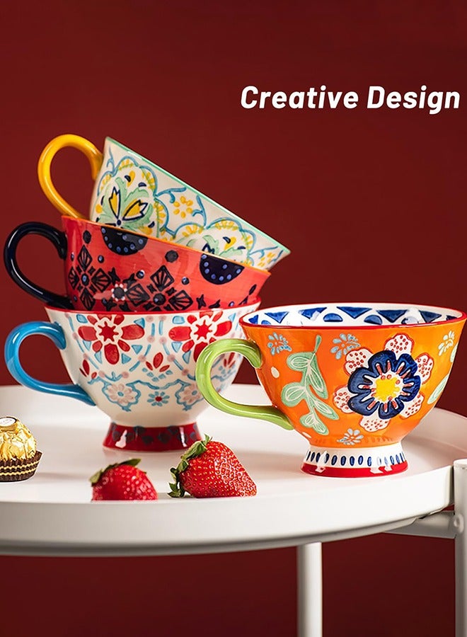 Large Coffee Mugs Sets of 4, 420ml Footed Coffee Cups Set for Latte Cappuccino Hot Chocolate Soup, Hand-Painted Traditional Farmhouse Pattern - Image 2