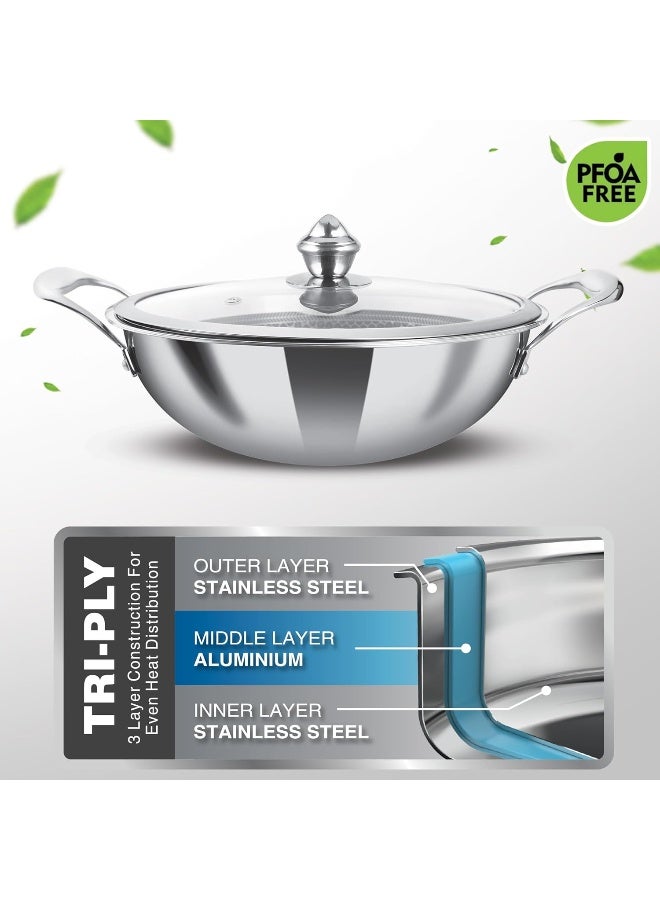 Pro Cook Triply Stainless Steel Kadhai 24 cm (2.9L)– Triply Hexa Tech Honey-Comb Nonstick Kadhai with Glass Lid, 3-Layer Cookware, Induction & Gas Stove Compatible, Easy to Clean – Silver - Image 5