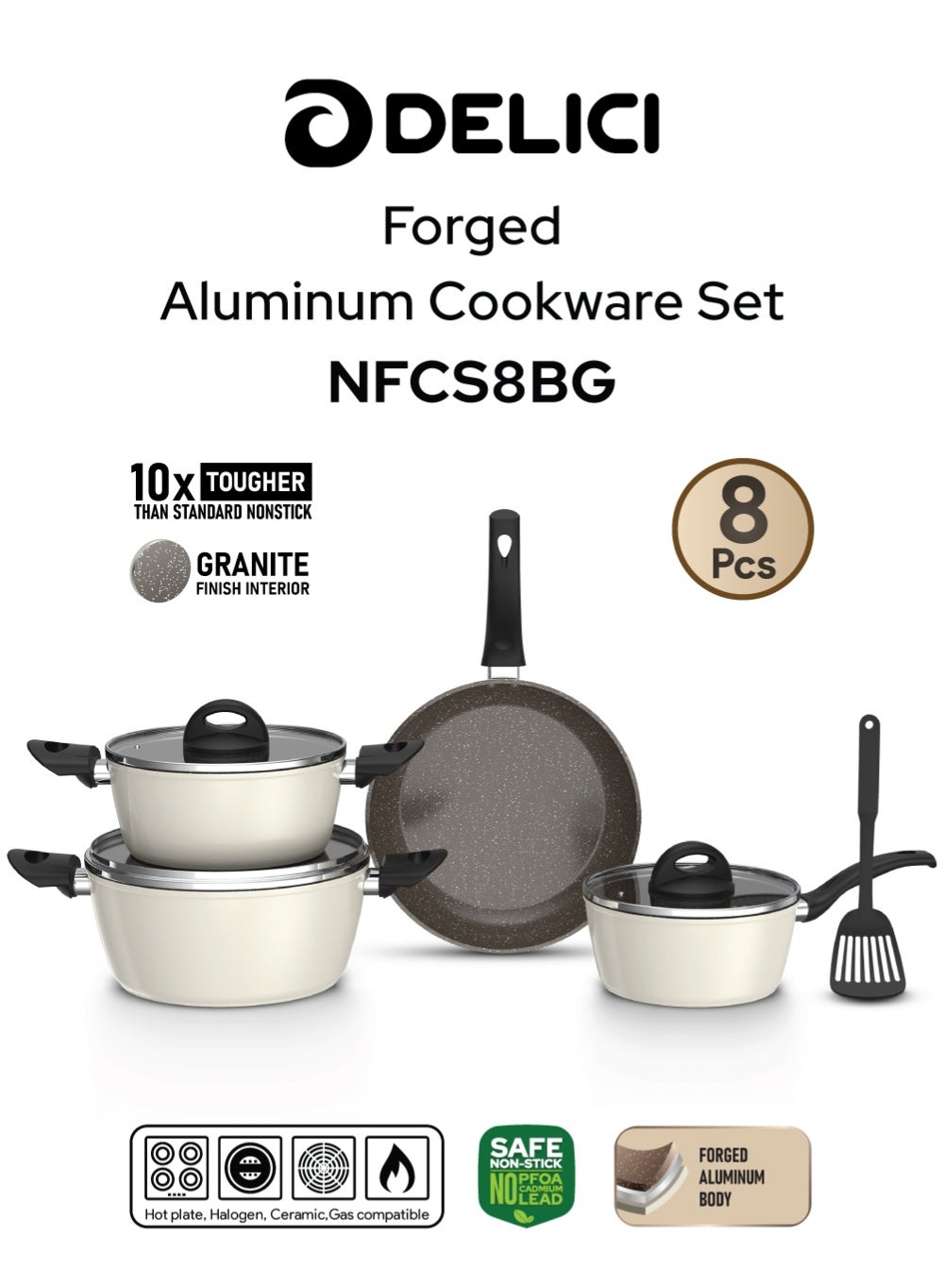 Delici 8 Pcs Forged Granit Forged Aluminum Cookware Set (NFCS8BG) – Granite Finish Interior, Tempered Glass Lids, Induction Base, Stylish Black Bakelite Handles, Brown PTFE Coating with White Dots, Beige Heat-Resistant Exterior, Strong Welded Connection – Saucepan, Casseroles, Frypan & Nylon Spatula