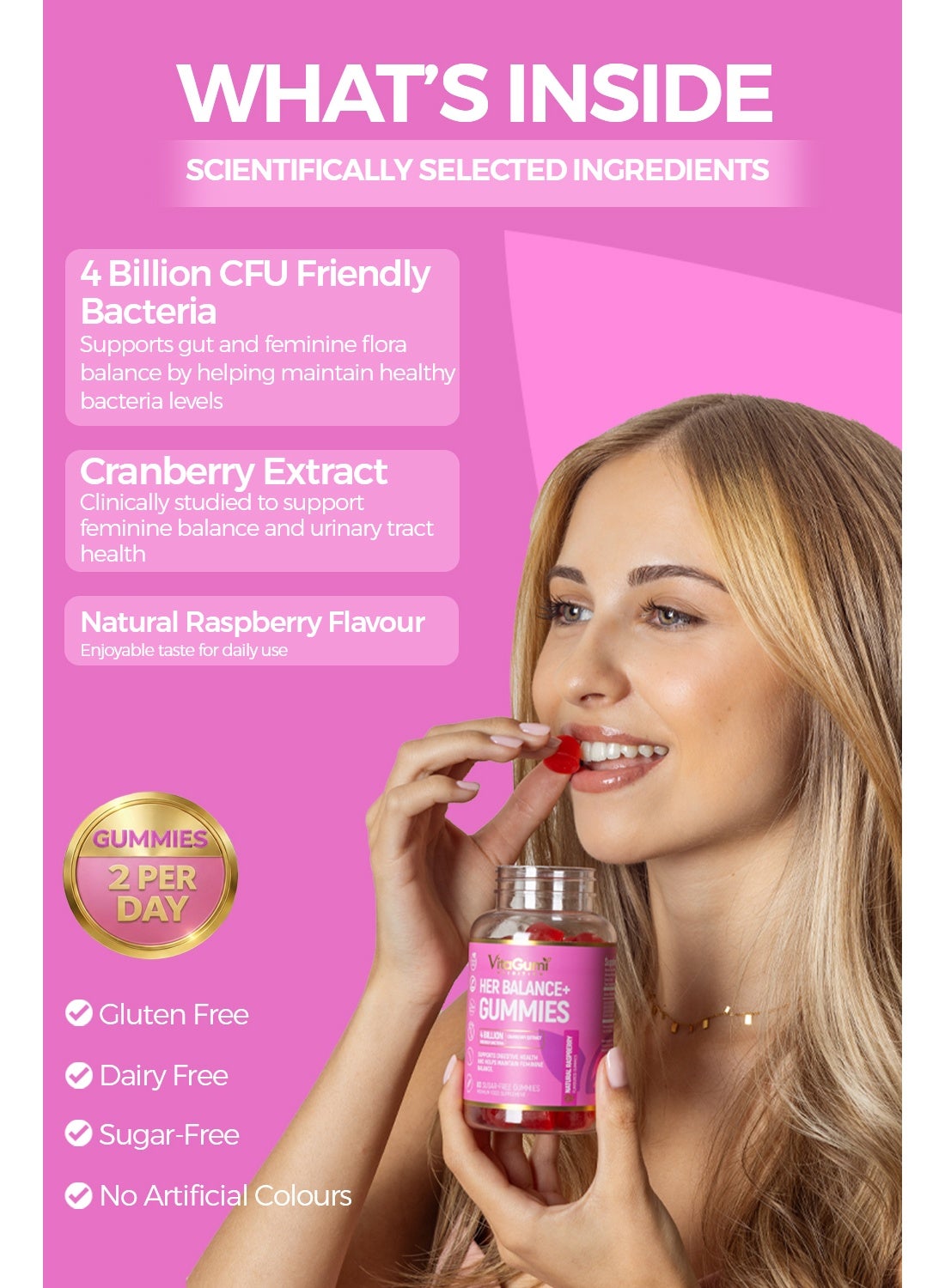 VitaGumi Nutrition HerBalance+ Gummies for Women | With 4 Billion CFU Probiotics & 170mg Cranberry Extract | Gut & Intimate Flora Support | 60 Vegan, Halal, Gluten-free Gummies | Delicious Natural Raspberry Flavour | 1 Month Supply - Image 3