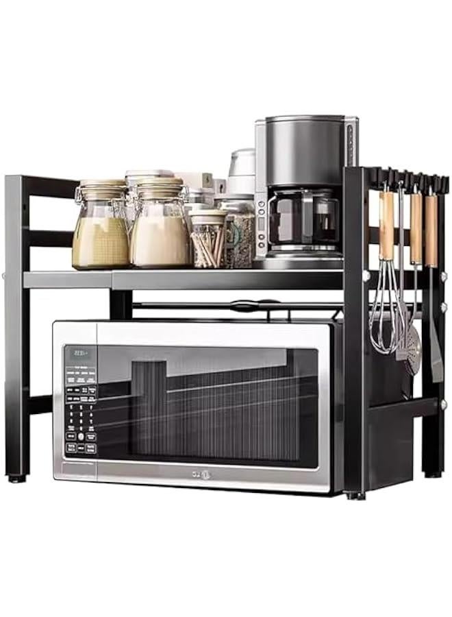 Extendable Microwave Shelf, Adjustable Toaster Oven Rack Kitchen Counter Top Organizer Stand, 2-Tier with 6 Hooks,198 lbs Weight Capacity, Black - Image 6