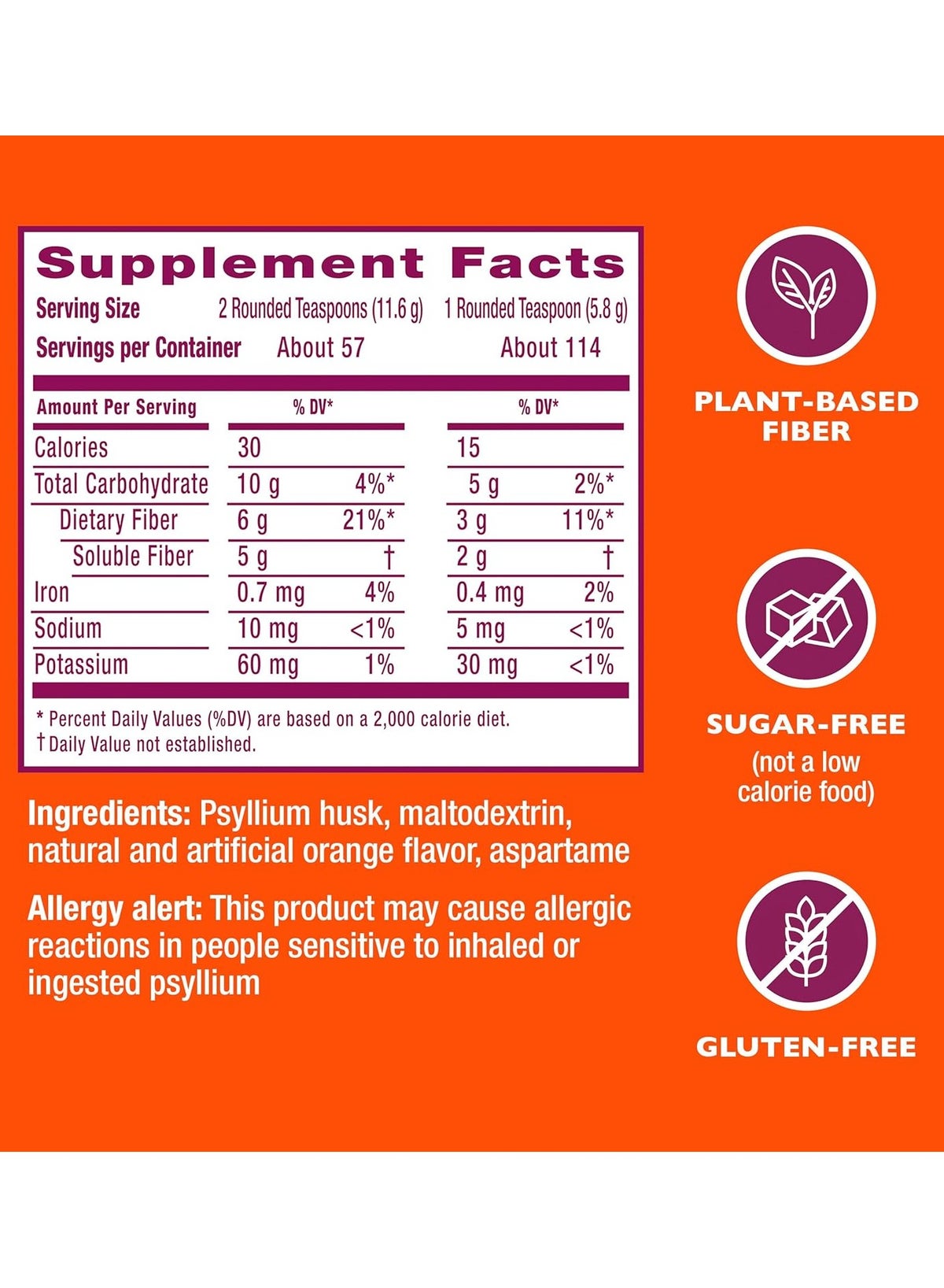 4-in-1 Psyllium Fiber Supplement, Orange, 114 Teaspoons, 1.4 Lbs - Image 2