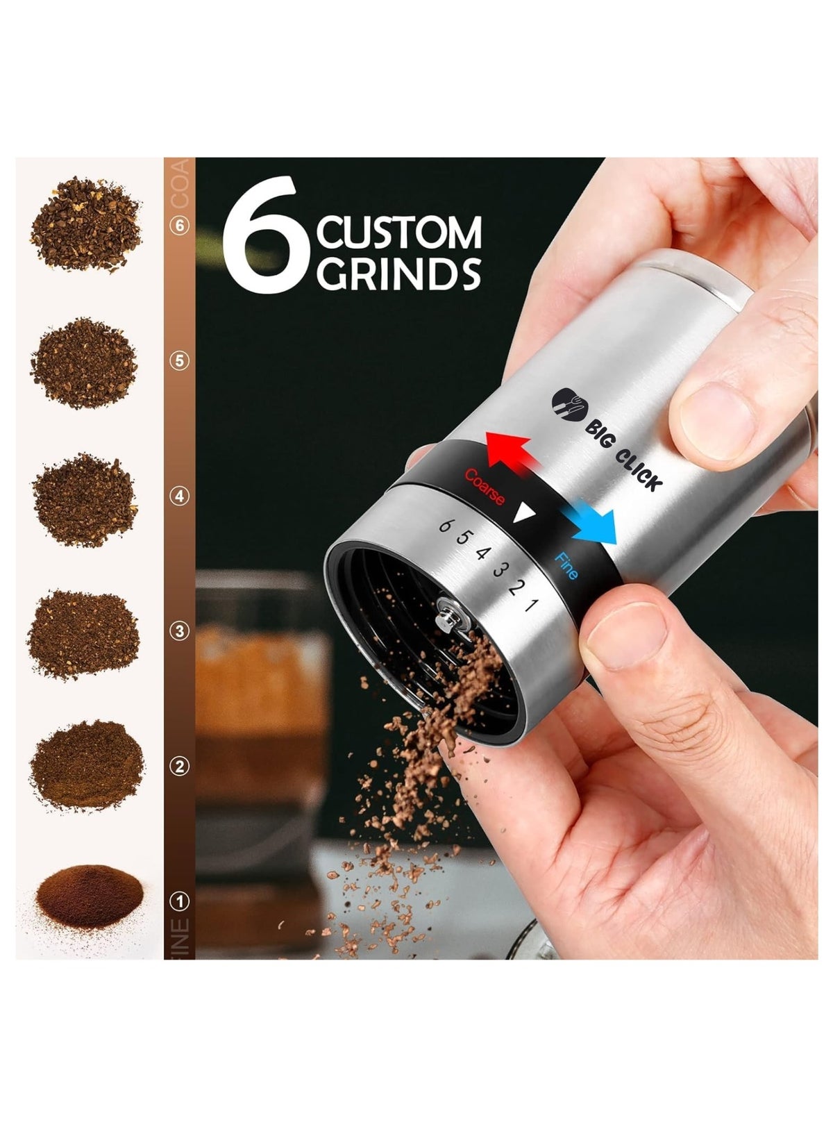 Portable Coffee Grinder, Coffee Bean Grinder with Adjustable 6 Gears for Espresso, French Press and Drip Coffee, Manual Coffee Grinder Suitable for Home, Office, Traveling, Camping - Image 3