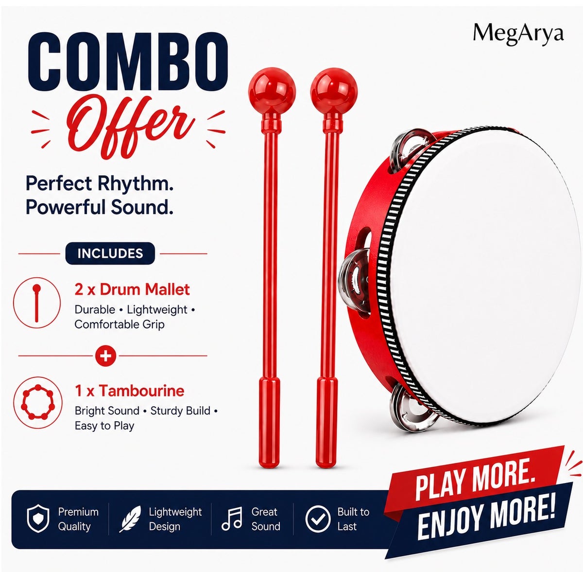 8 Inch Tambourine with 2 Drum Mallets Combo Set | Handheld Percussion Instrument for Kids & Adults | Church Worship, Music Learning, School, Classroom & Stage Performance