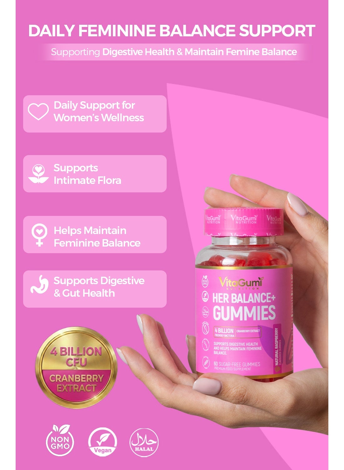VitaGumi Nutrition HerBalance+ Gummies for Women | With 4 Billion CFU Probiotics & 170mg Cranberry Extract | Gut & Intimate Flora Support | 60 Vegan, Halal, Gluten-free Gummies | Delicious Natural Raspberry Flavour | 1 Month Supply - Image 2