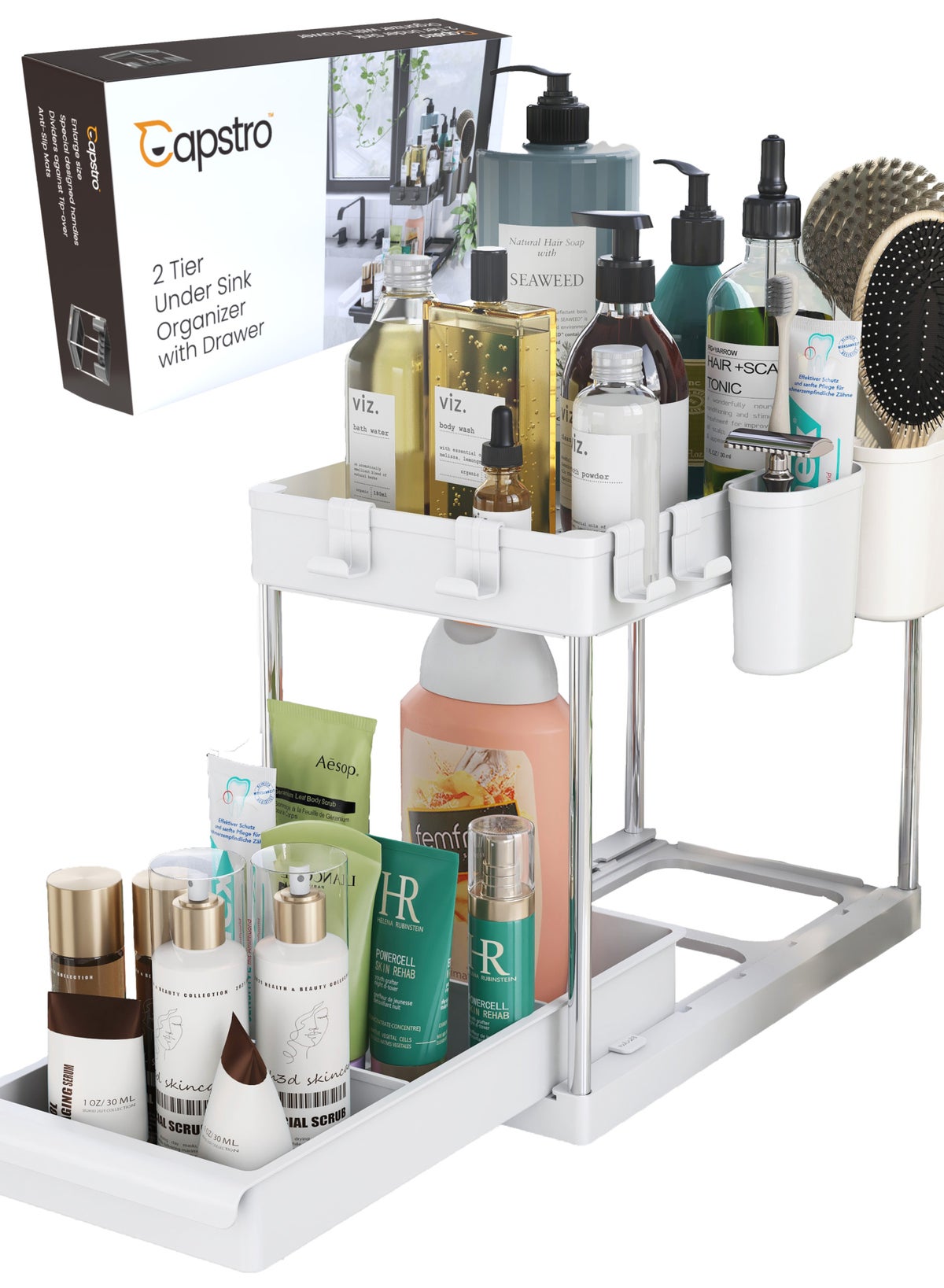 2 Tier Under Sink Organizer with Drawer: Multi-Purpose Storage Solution with Specially designed Handle, Anti-Slip Mats, Additional 4 Hooks, 2 Cups, and Enlarged Size - Ceramic White, Pack of 1
