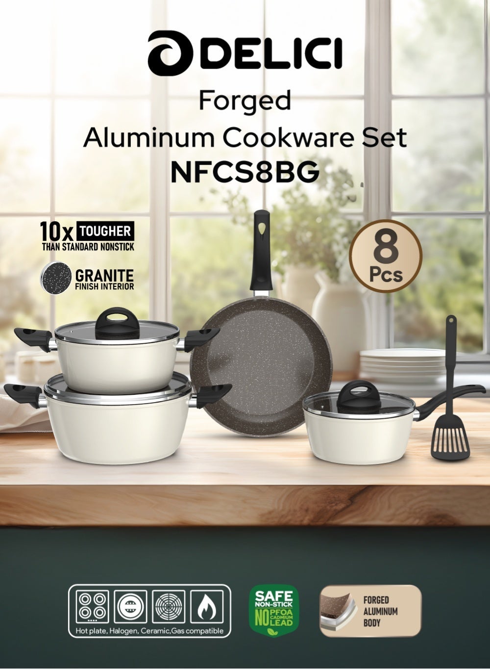 Delici 8 Pcs Forged Granit Forged Aluminum Cookware Set (NFCS8BG) – Granite Finish Interior, Tempered Glass Lids, Induction Base, Stylish Black Bakelite Handles, Brown PTFE Coating with White Dots, Beige Heat-Resistant Exterior, Strong Welded Connection – Saucepan, Casseroles, Frypan & Nylon Spatula - Image 2