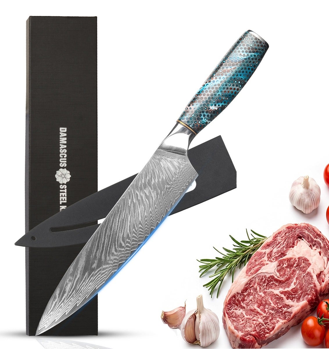 Japanese Damascus Chef Knife, Professional Kitchen Knife with Knife Cover