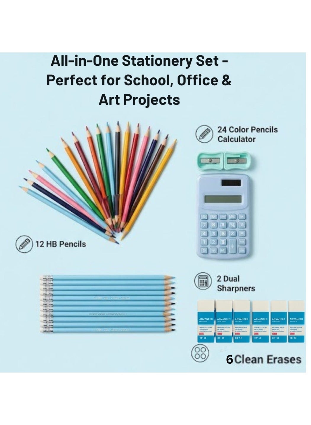 45 Pieces Stationery Set for Kids – Complete School Supplies Set with 24 Colored Pencils, 12 HB Pencils, 2 Sharpeners, 6 Erasers & 1 Calculator | Writing, Drawing & Study Set for Kids, Adults, School Going Boys & Girls - Image 6