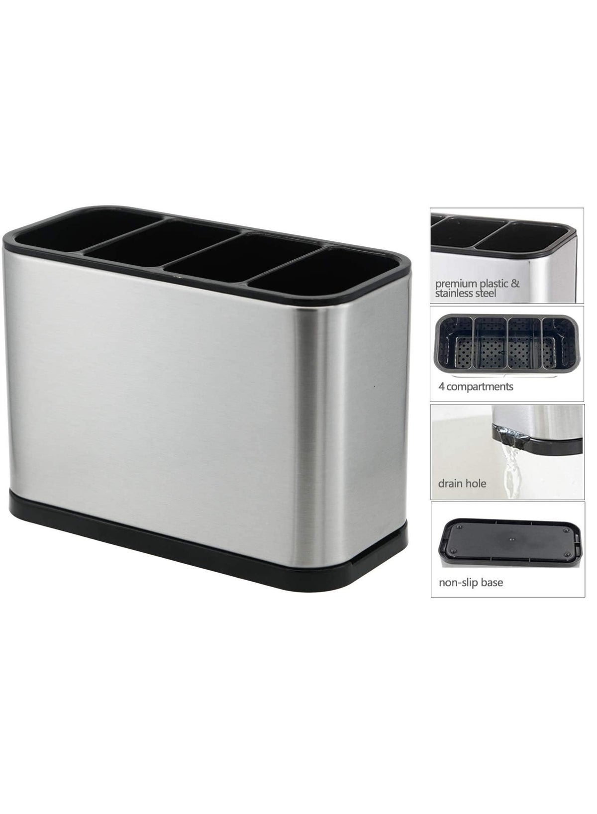 Kitchen Utensil Crock Holder 4 Divider Stainless Steel Kitchen Storage Organiser Cutlery Holder Anti Slip Water Draining Design Easy to Clean for All Kitchens Countertop - Image 6