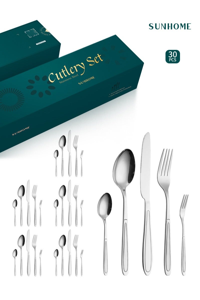 SUNHOME 30-Piece Stainless Steel Cutlery Set Kitchen Utensil Set Western Tableware Suitable For Home Kitchen Restaurant Hotel Party Dining Picnic Dining Exquisite Packaging Gift Silver