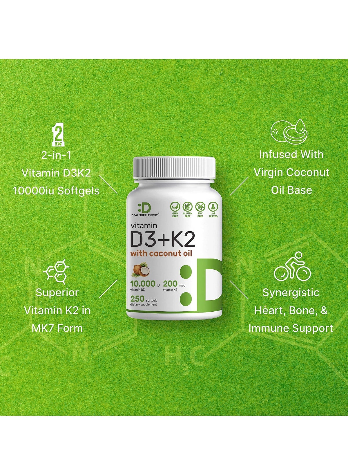 Vitamin D3 + k2 with Coconut Oil, 250 Softgels