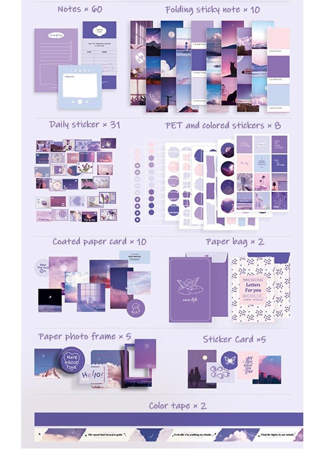 155-piece Gift Box A6 Notebook Poster cover Notepad Background Paper Daily Sticker PET Sticker Paper Photo Frame Card Grace Gift(Purple) - Image 3