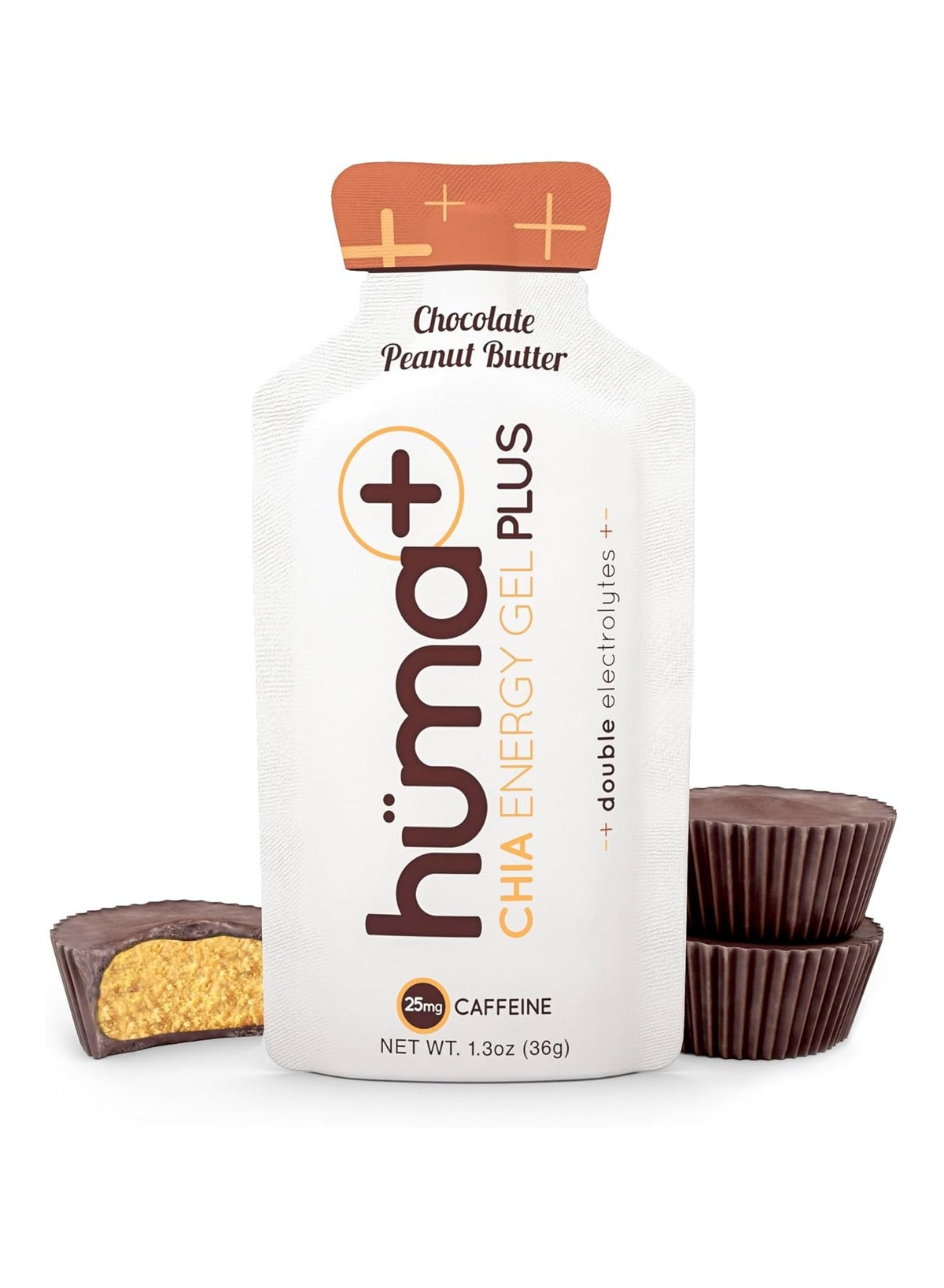 Huma Chia Energy Gel Plus – Chocolate Peanut Butter - 9 count x 36g - 22gr Carbs, 240mg Sodium, 25mg Caffeine, Double Electrolytes, 100% All Natural, Vegan, Gluten Free - Pack of 9