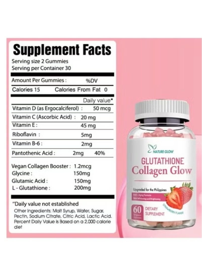 Nature Glow Glutathione Collagen Glow Gummies - Strawberry Flavor - 60 Vegan Pieces - Skin Support, Anti-Aging, Brightening, Vitamin C & E - Image 4