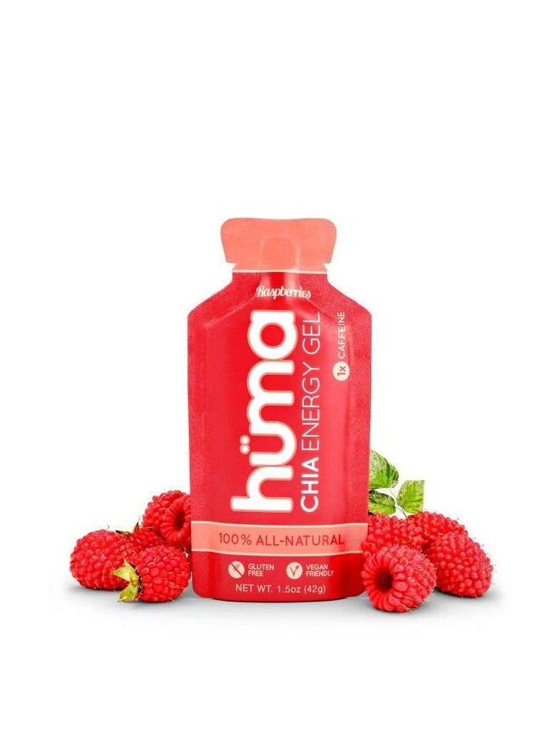 Huma Chia Energy Gel - Raspberries - 9 count x 42g - 21gr Carbs, 105mg Sodium, 1x Caffeine, 25mg Caffeine, 100% All Natural, Vegan, Gluten Free - Pack of 9