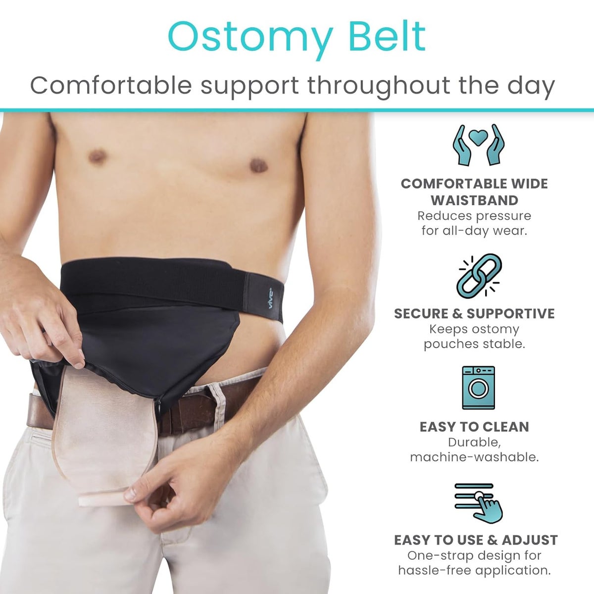 Vive Ostomy Belt for Men Women Adjustable Belt for Colostomy Ileostomy Urostomy Ostomy Supplies Waterproof Odorless Abdominal Bag Cover Stoma Guard Black - Image 2