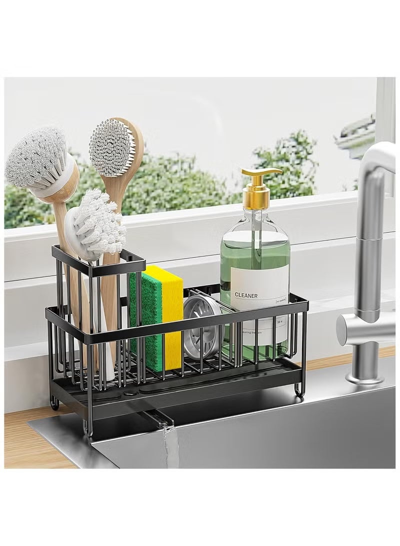 304 Stainless Steel Kitchen Sink Organizer Rack – Rustproof Sponge Holder with High Brush Stand, Dishcloth Divider & Soap Dispenser Storage – Space Saving Sink Caddy