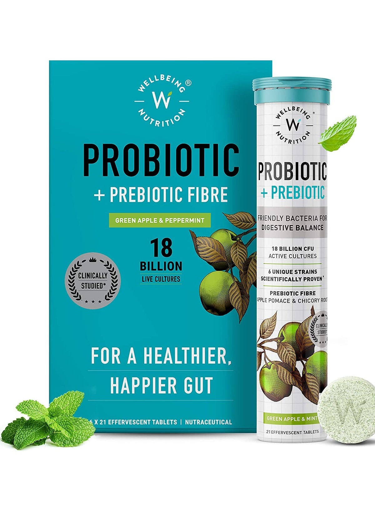 Pack of 6 Daily Probiotic + Prebiotic Plant Based 36 Billion CFU, 6 Strains for Men ∧ Women with Organic Fiber for Digestion, Gut Health, Metabolism 21 Tab