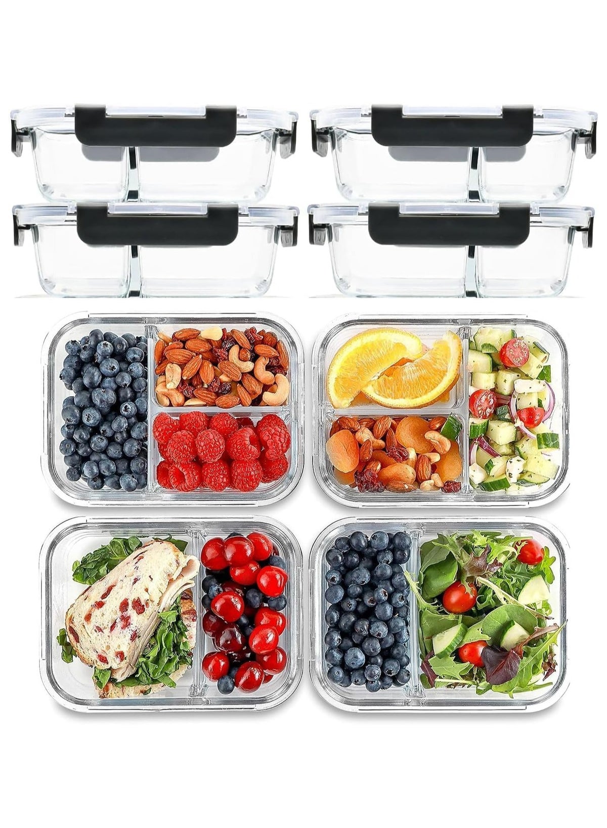 5Pack 1000ml Glass Food Containers with Lids (2 Compartments)