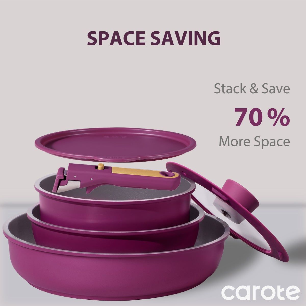 Carote 6-Piece Ceramic Cookware Set with Detachable Handle, Stackable Frying Pan