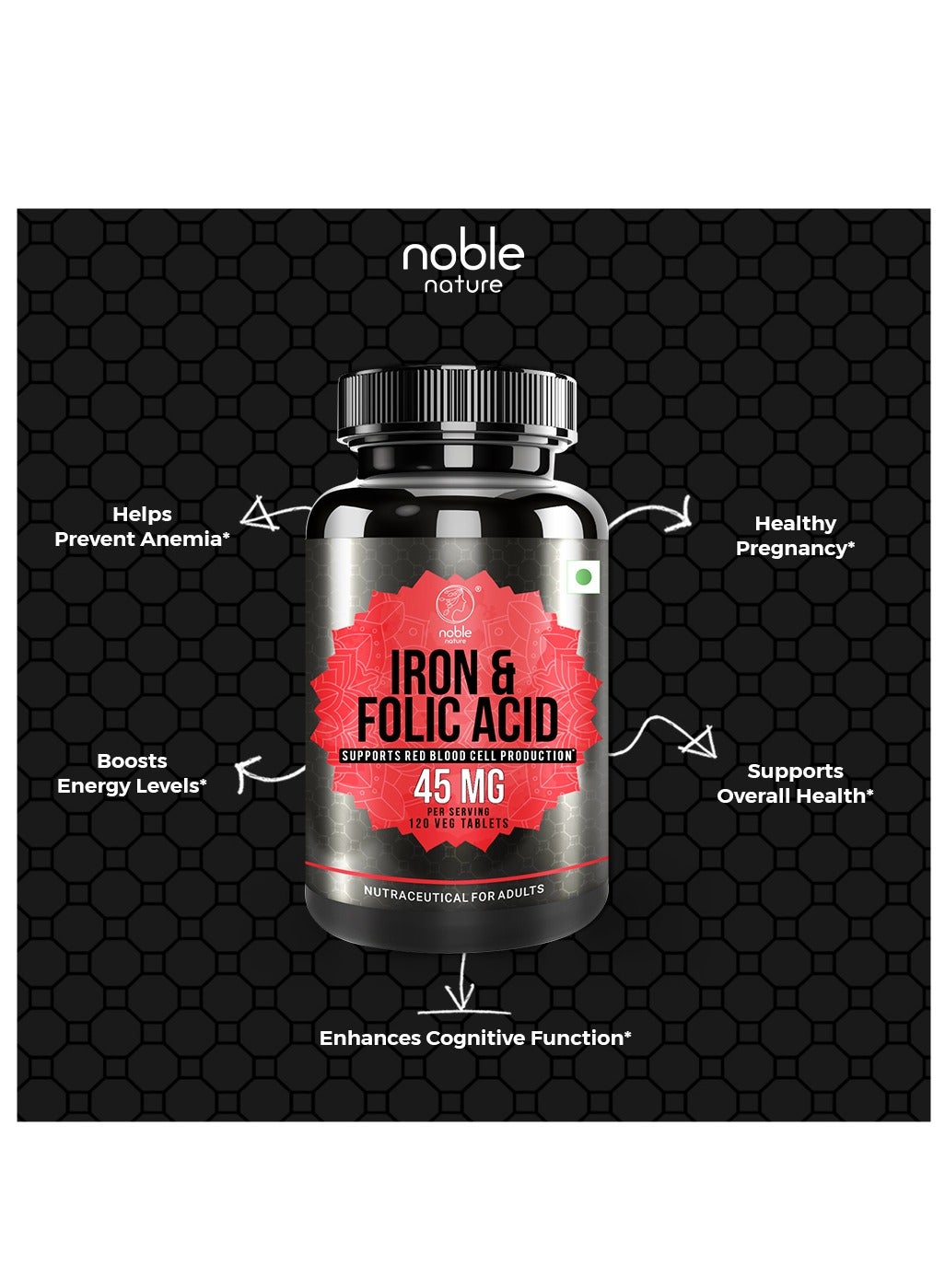 Iron & Folic Acid Supplement, with Zinc, Copper, Vitamin C & Vitamin B12, Supports Red Blood Cell Production - 120 Veg Tablets - Image 5