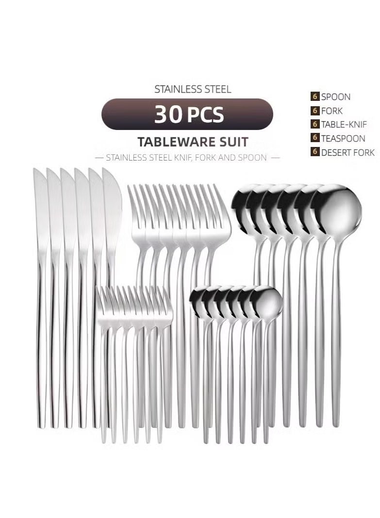 30 Piece Stainless Steel Knife Fork Spoon Full Set Silver for Home Office Restaurant Hotel, Include Spoons, Fork, Knife,Coffee spoon,Mirror Finish, Dishwasher Safe,Cutlery Set - Image 6