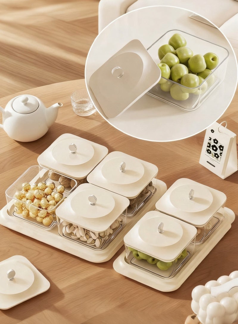Elegant Creamy White Serving Tray Set with 4 Lidded Nut Containers & Dessert Plates - Multi-Purpose Snack Organizer for Fruits, Nuts, Sweets | Ideal for Home Hospitality, Parties, Festive Gifts