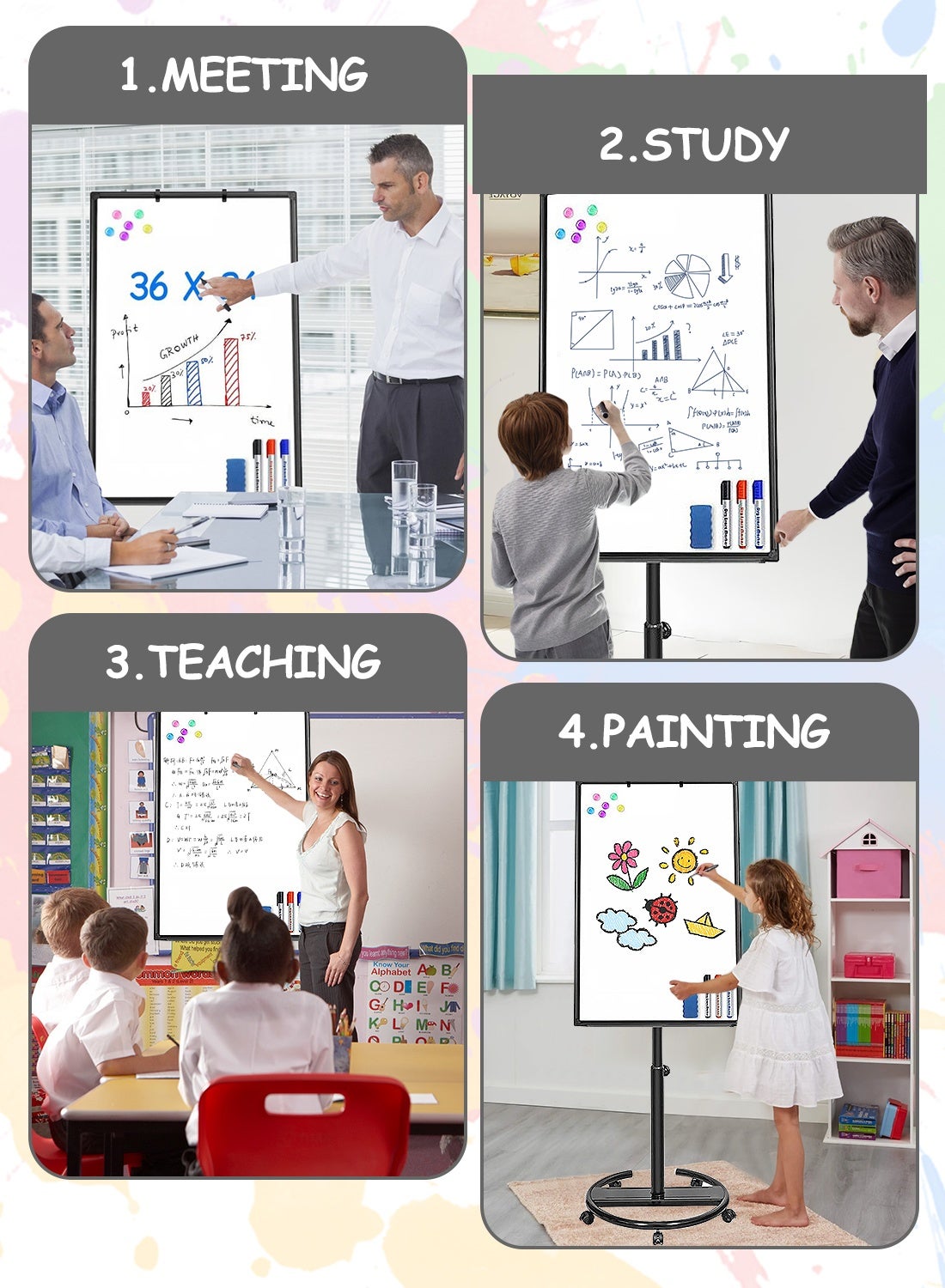 KidLe Dry Erase Boards Rolling Whiteboard, Mobile Round Base Whiteboard - 3-Laye
