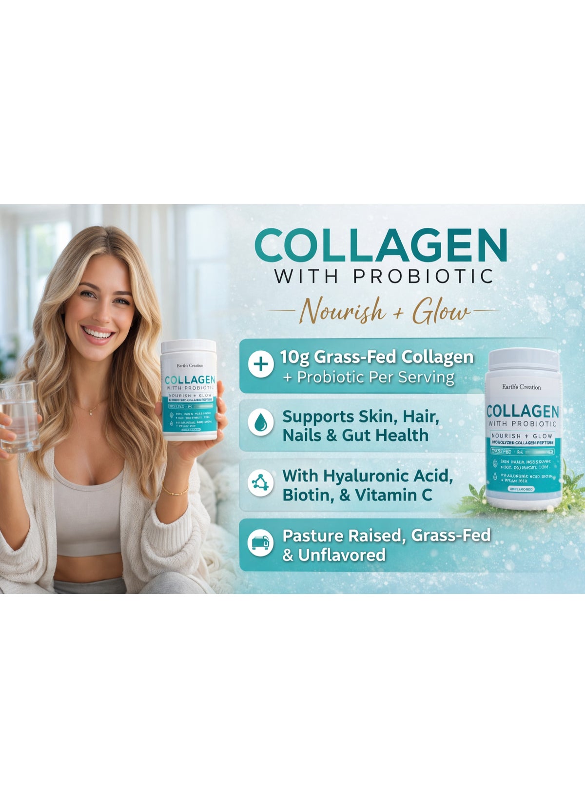 Collagen Peptides Bioactive Hydrolyzed 10000mg Powder With Probiotics, Biotin, Hyaluronic Acid, Vitamin C, For Healthy Skin, Hair, Nails, Gut & Joints, Unflavored, 27 Servings - Image 6