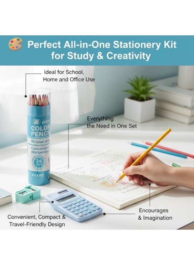 45 Pieces Stationery Set for Kids – Complete School Supplies Set with 24 Colored Pencils, 12 HB Pencils, 2 Sharpeners, 6 Erasers & 1 Calculator | Writing, Drawing & Study Set for Kids, Adults, School Going Boys & Girls - Image 3