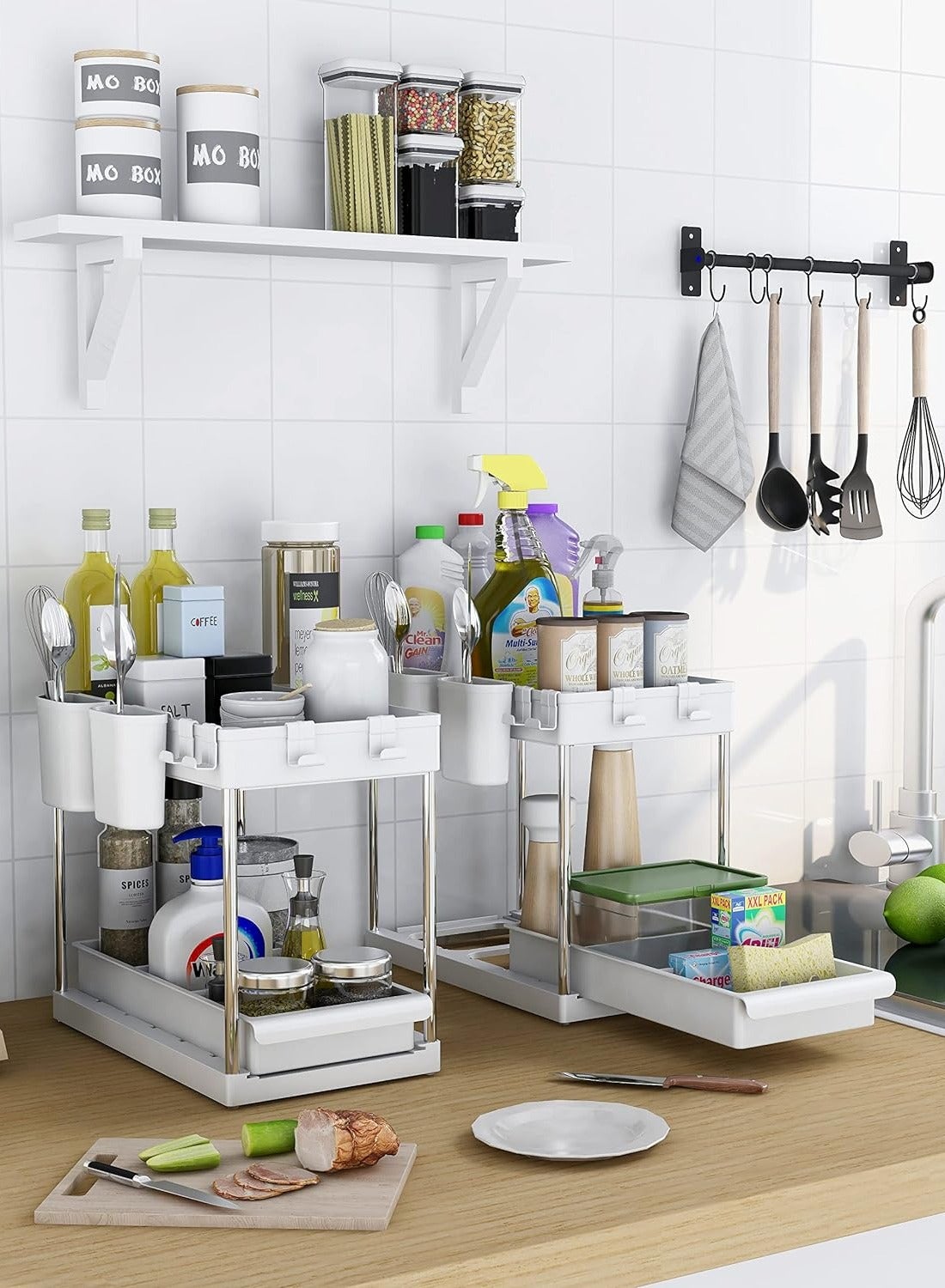 2 Tier Under Sink Organizer with Drawer: Multi-Purpose Storage Solution with Specially designed Handle, Anti-Slip Mats, Additional 4 Hooks, 2 Cups, and Enlarged Size - Ceramic White, Pack of 1 - Image 4