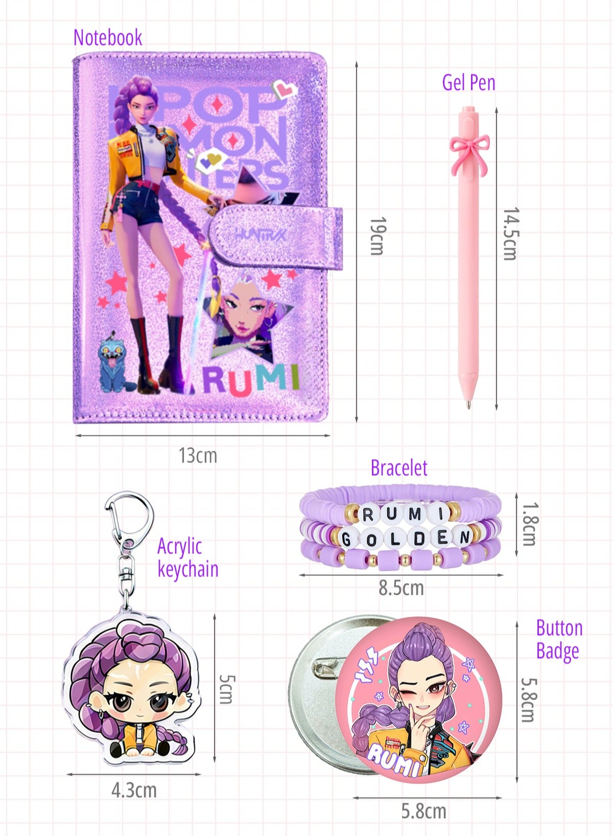 Kpop Demon Hunters Birthday Anime Gift Set for Girls — Rumi Notebook, Bow Gel Pen, Acrylic Keychain, Bracelet & Badge - Image 2