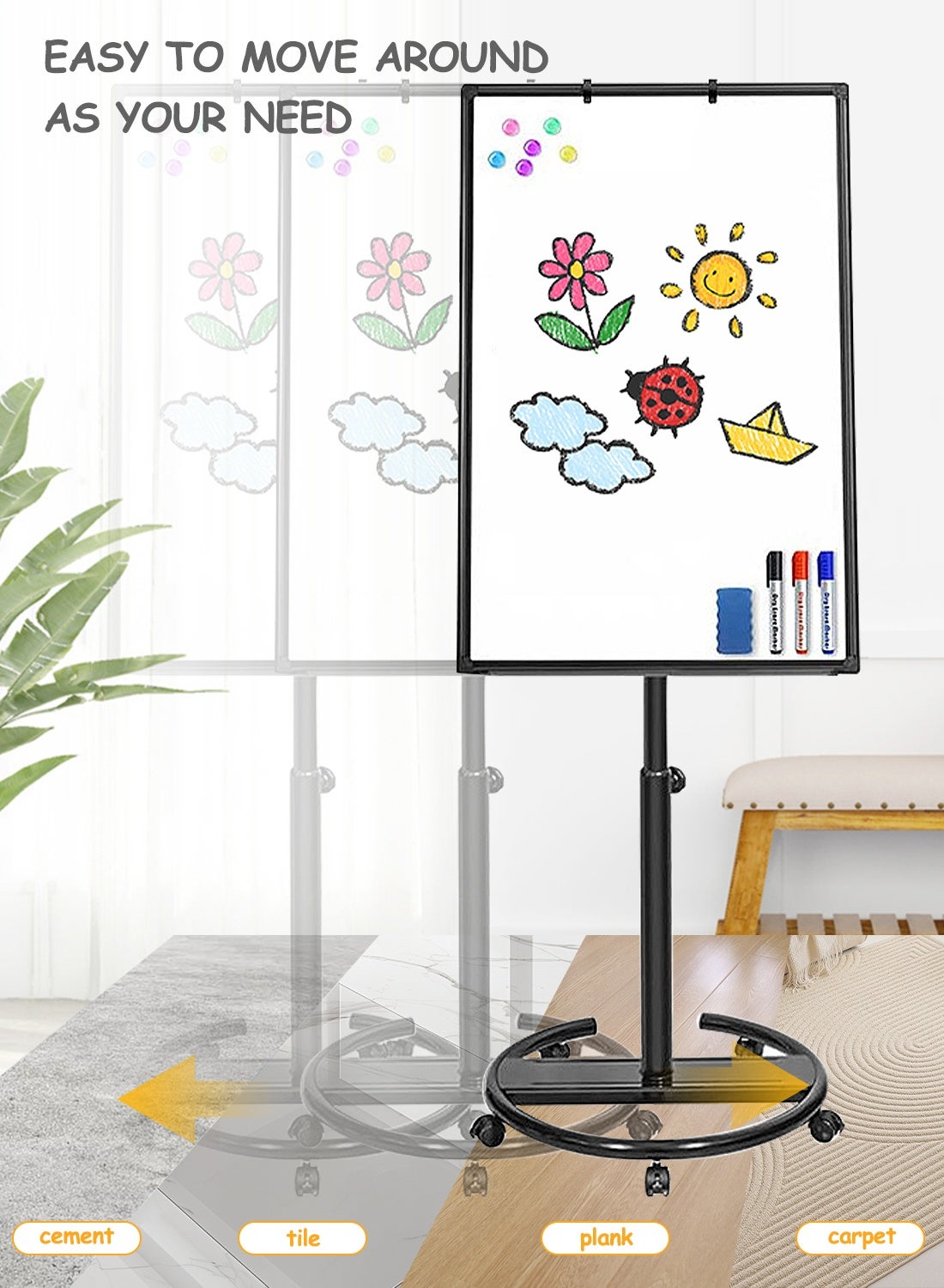 KidLe Dry Erase Boards Rolling Whiteboard, Mobile Round Base Whiteboard - 3-Laye