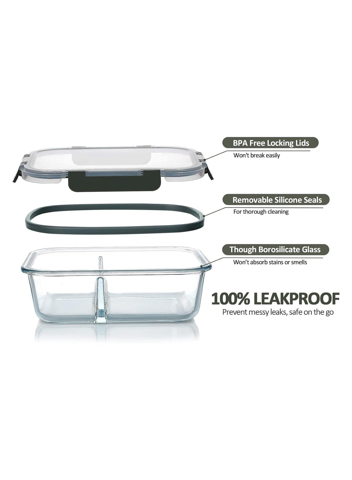 5Pack 1000ml Glass Food Containers with Lids (2 Compartments) - Image 4