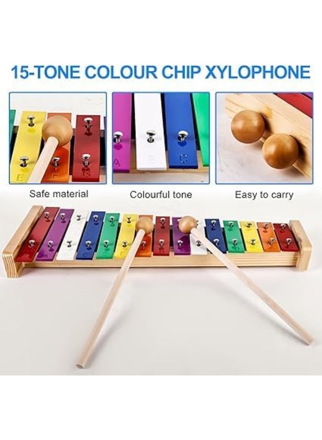 Colourful Xylophone, 15 Tones Rainbow Button Glockenspiel with 2 Beaters, Wooden Musical Instrument, Multicoloured - Image 3