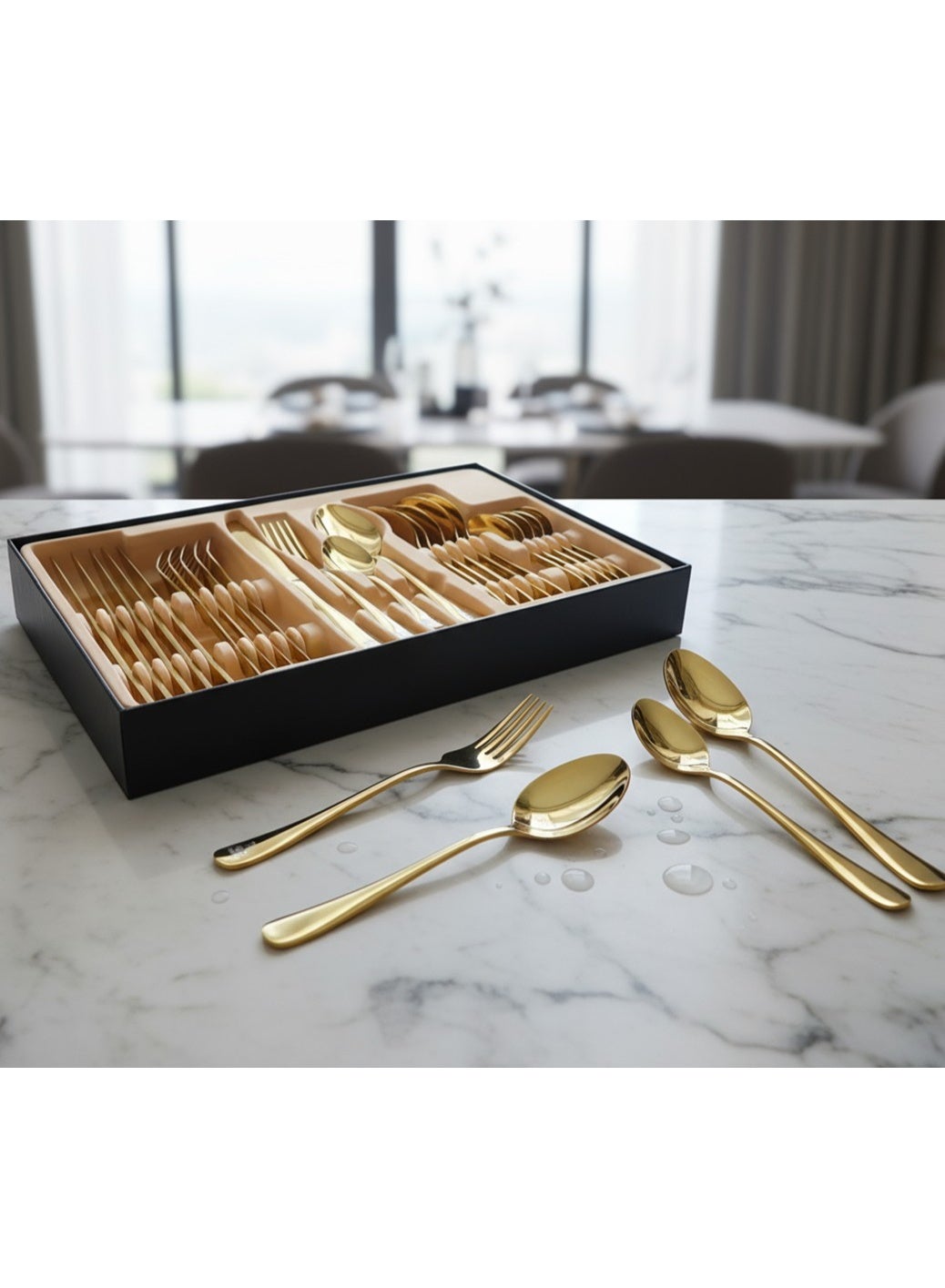 YAH Luxury 24-Piece Golden Stainless Steel Classic Cutlery Set – Mirror-Polished