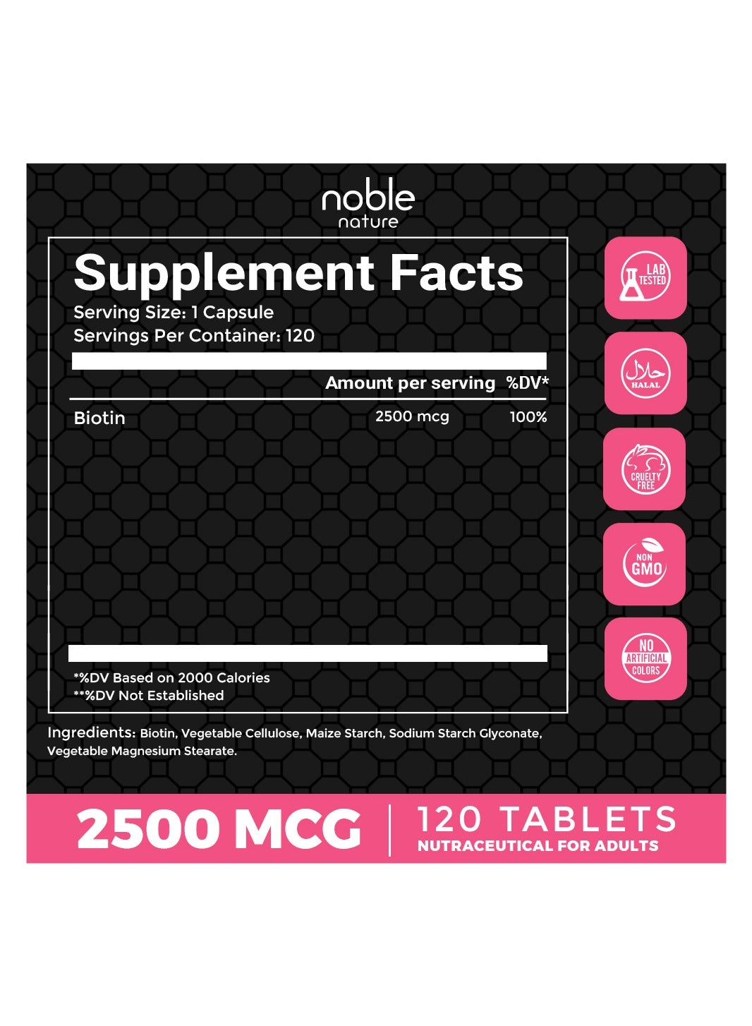 Biotin 2500MCG, Healthy Skin, Hair and Nails, High Potency - 120 Veg Tablets - Image 2