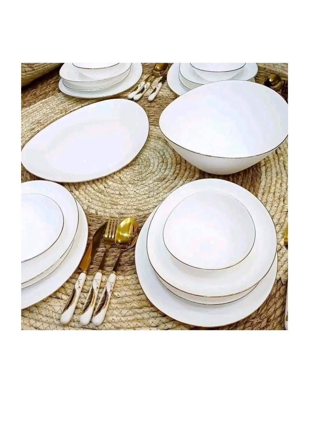 Houzi 20 Pcs Gold line Opal ware Dinner set 6 x dinner plate 6 x dessert plate 6 x bowl 1 x serving bowl 1 x serving plate - Image 3