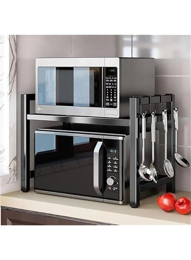 Extendable Microwave Shelf, Adjustable Toaster Oven Rack Kitchen Counter Top Organizer Stand, 2-Tier with 6 Hooks,198 lbs Weight Capacity, Black - Image 4