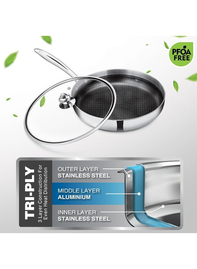 Pro Cook Fry Pan 26 cm – Triply Hexa Tech Stainless Steel Frying Pan with Glass Lid, Honeycomb Non-Stick Structure, Induction & Gas Compatible, Ideal for Curry & Omelette – Silver - Image 5
