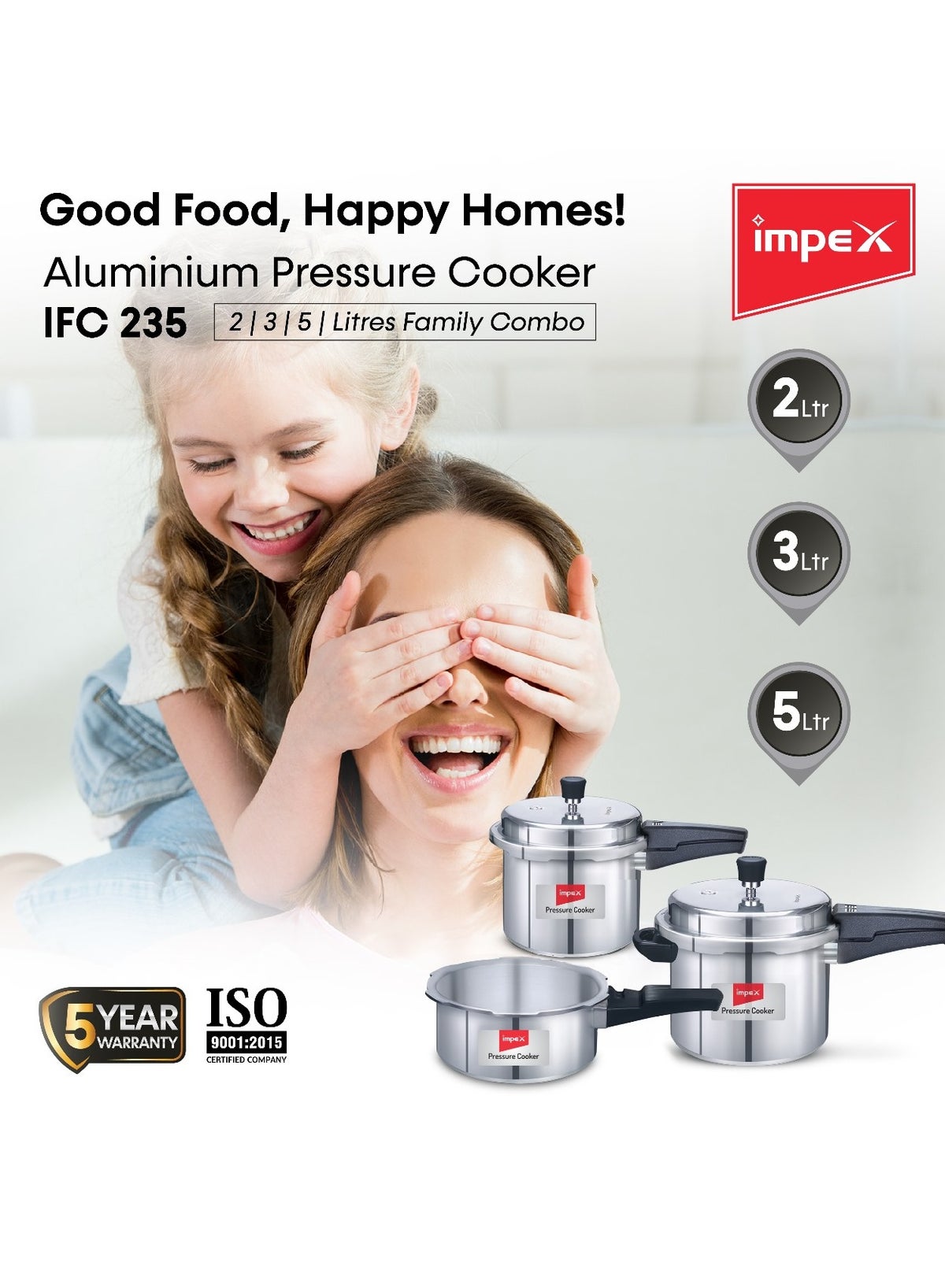 5, 3, 2Liters 5L, 3L & 2Lliters Impex Aluminium Pressure Cooker Combo With Outer
