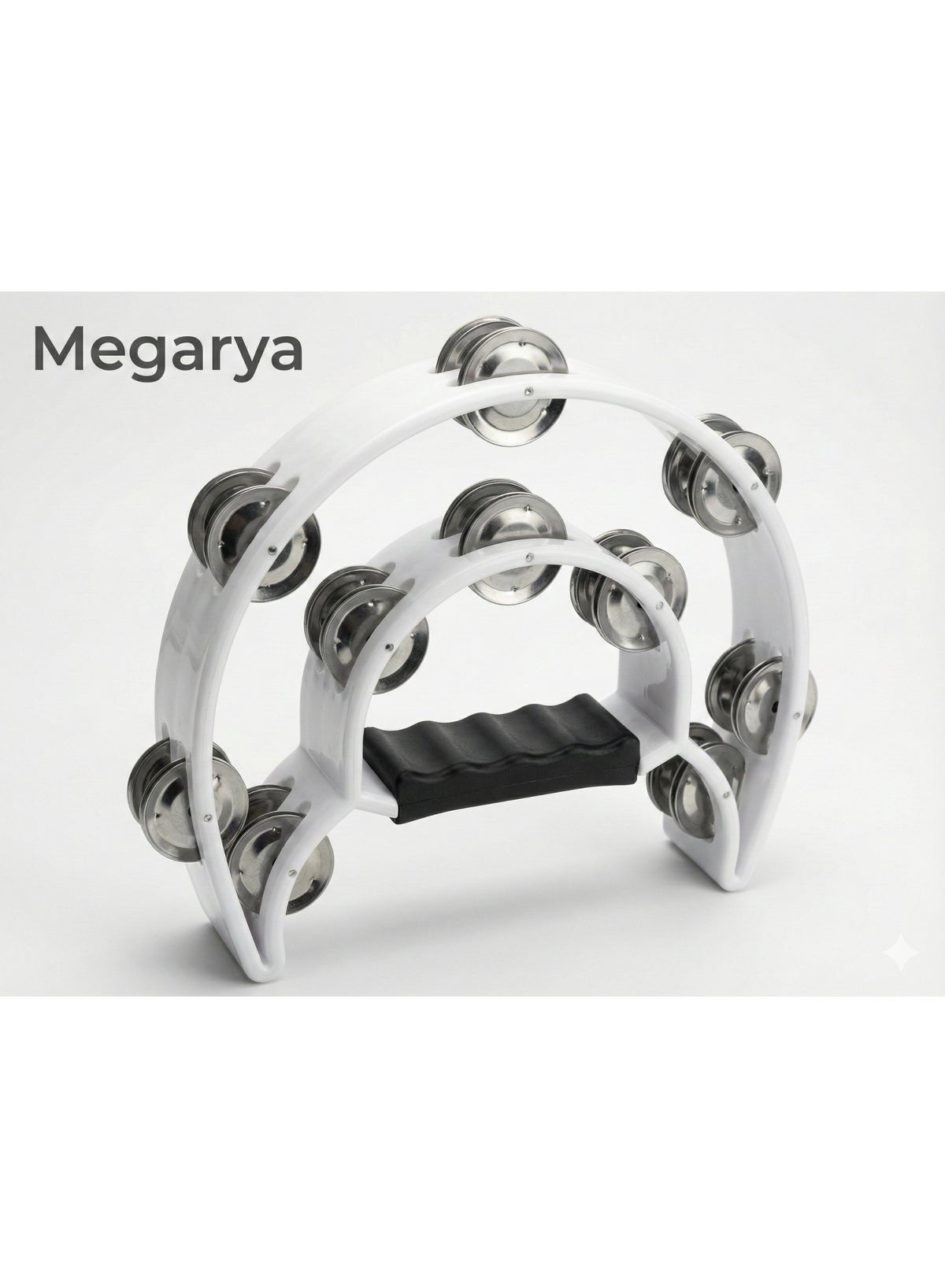 Double Row Metal Jingles Tambourine – Half Moon Hand Percussion Instrument with Comfortable Handle, Portable Rhythm Tambourine for Church, Parties, Karaoke & Music Practice (White)