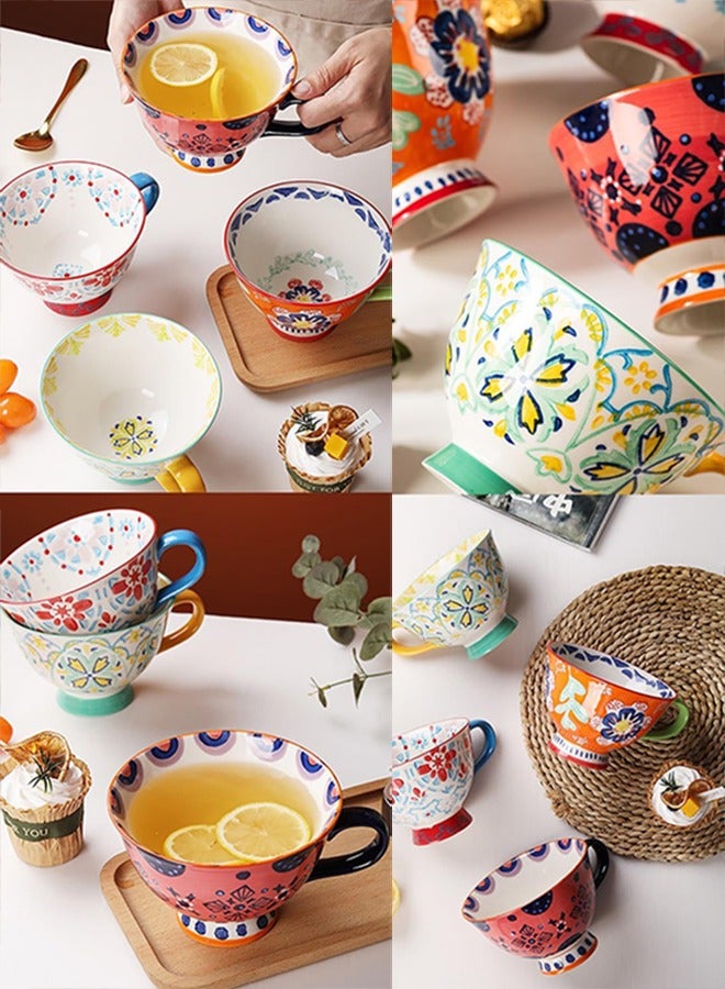 Large Coffee Mugs Sets of 4, 420ml Footed Coffee Cups Set for Latte Cappuccino Hot Chocolate Soup, Hand-Painted Traditional Farmhouse Pattern - Image 5