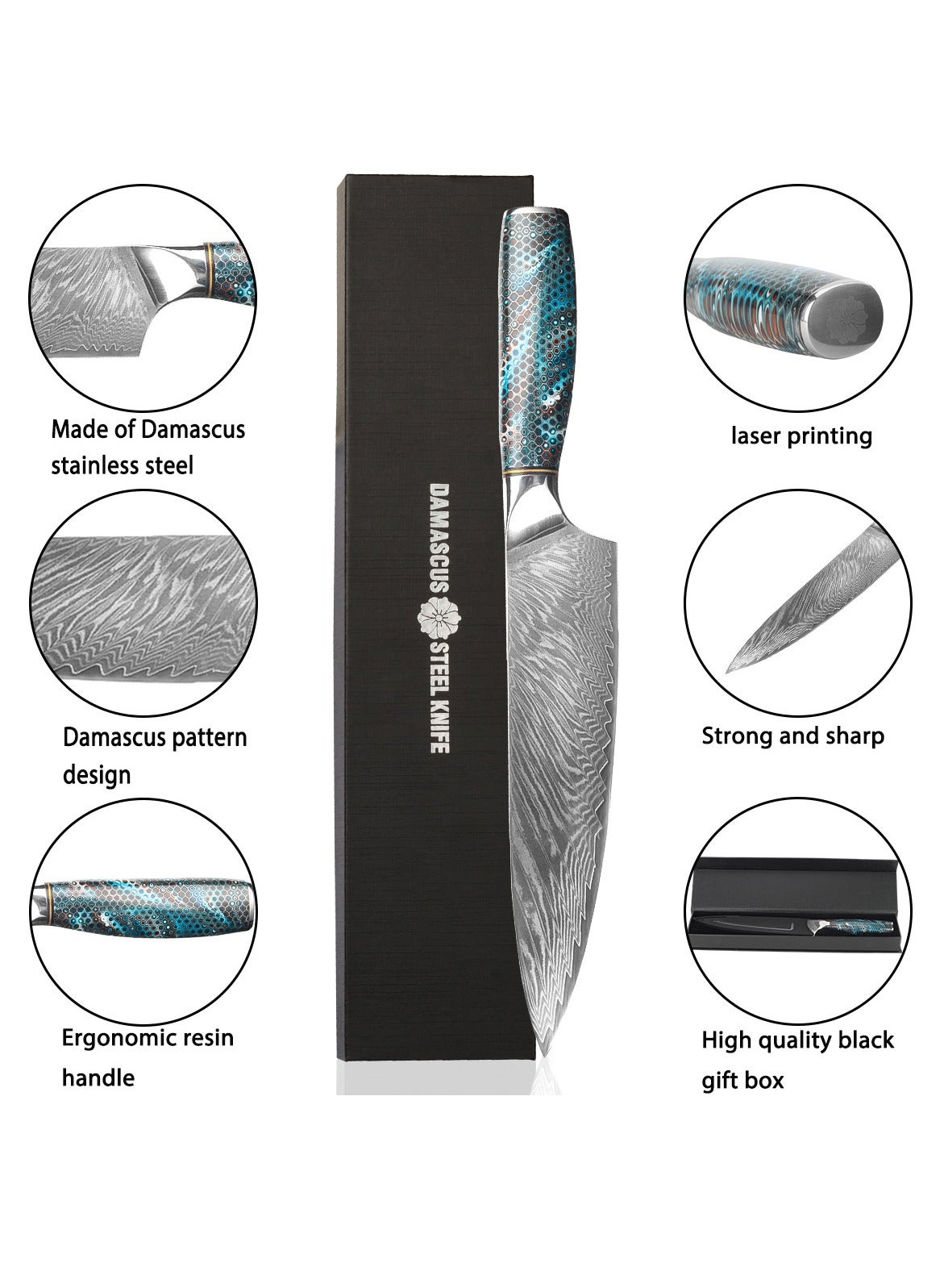 Japanese Damascus Chef Knife, Professional Kitchen Knife with Knife Cover - Image 6
