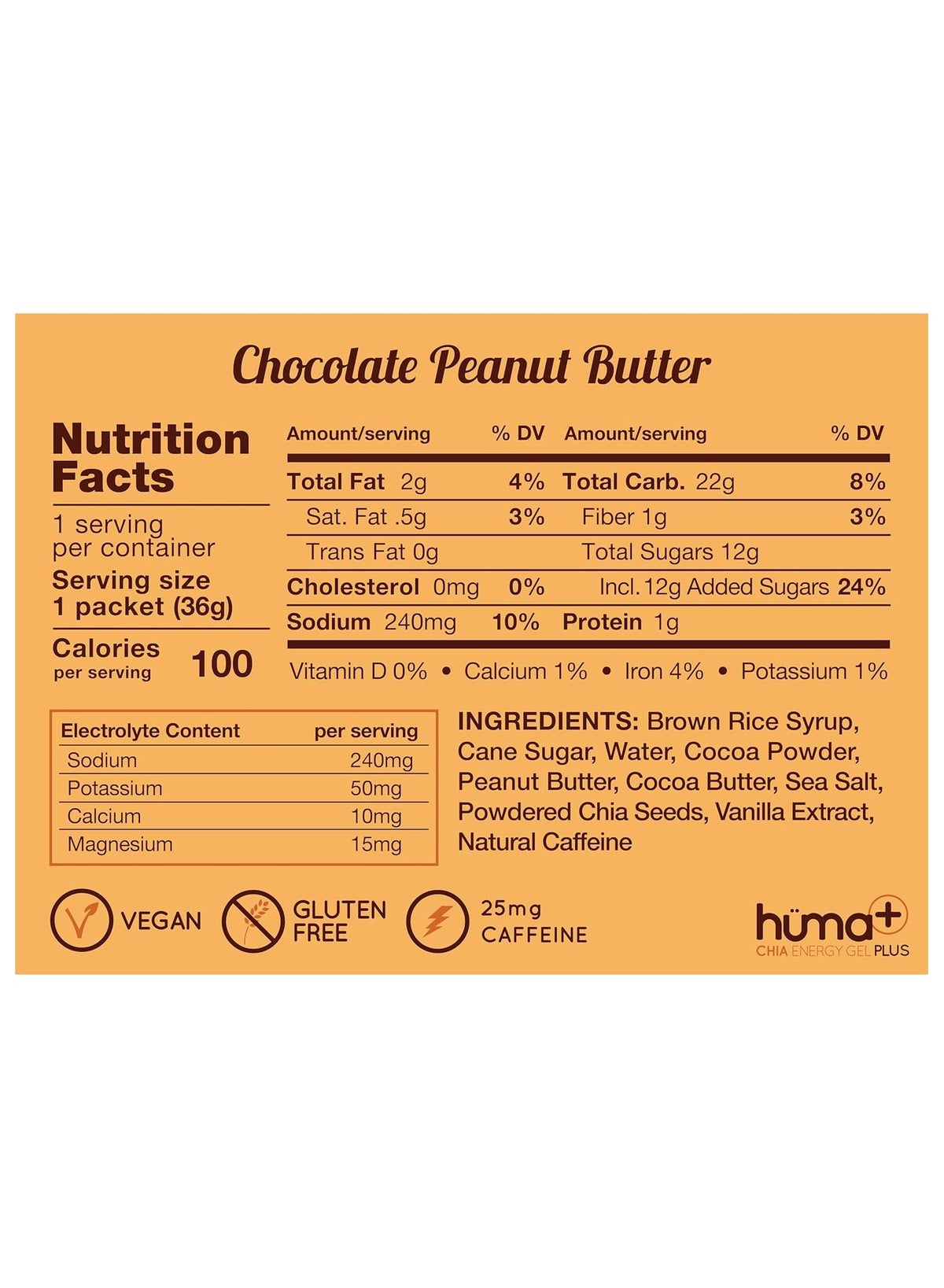 Huma Chia Energy Gel Plus – Chocolate Peanut Butter - 9 count x 36g - 22gr Carbs, 240mg Sodium, 25mg Caffeine, Double Electrolytes, 100% All Natural, Vegan, Gluten Free - Pack of 9 - Image 2