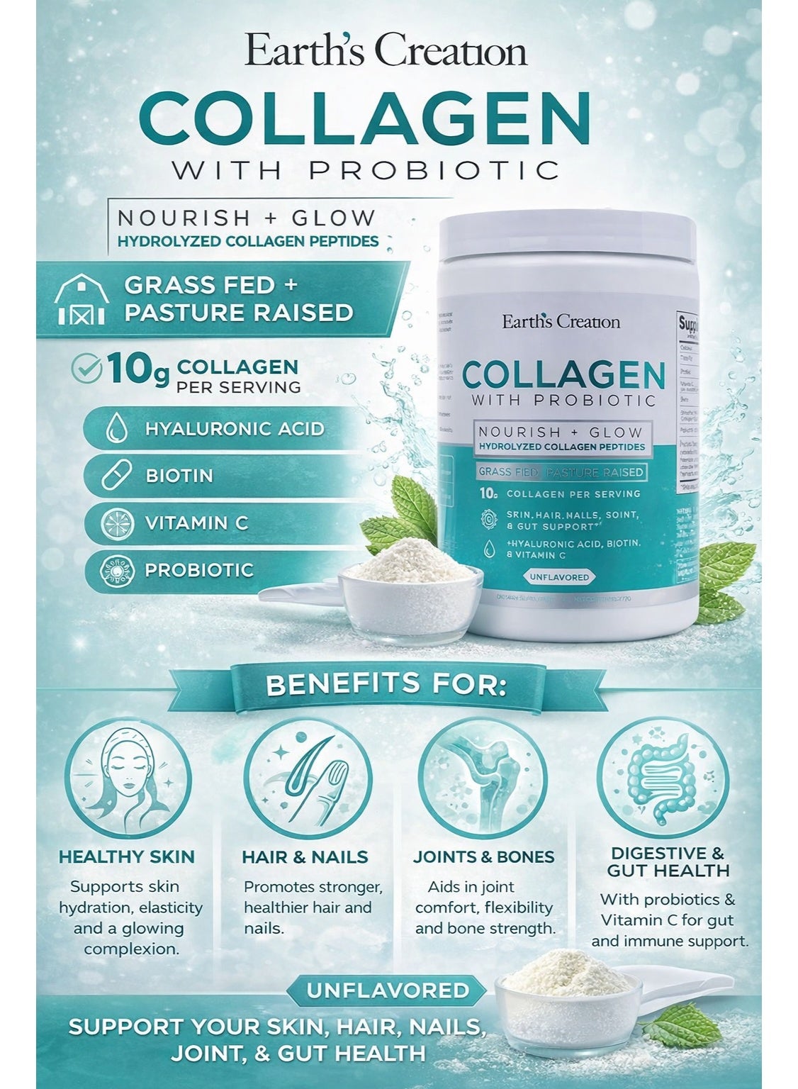Collagen Peptides Bioactive Hydrolyzed 10000mg Powder With Probiotics, Biotin, H