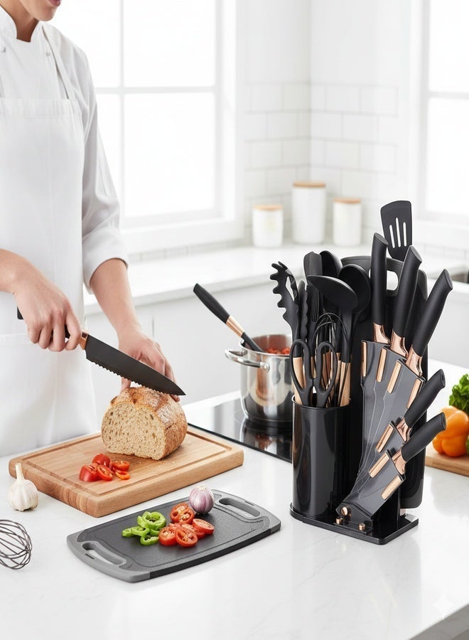 19-Piece Kitchen Knife Set & Silicone Cooking Utensil Set with Wooden Handles | Non-Stick Heat Resistant Kitchen Tools, Chef Knives, Cutting Board, Utensil Holder & Knife Block Organizer - Image 2